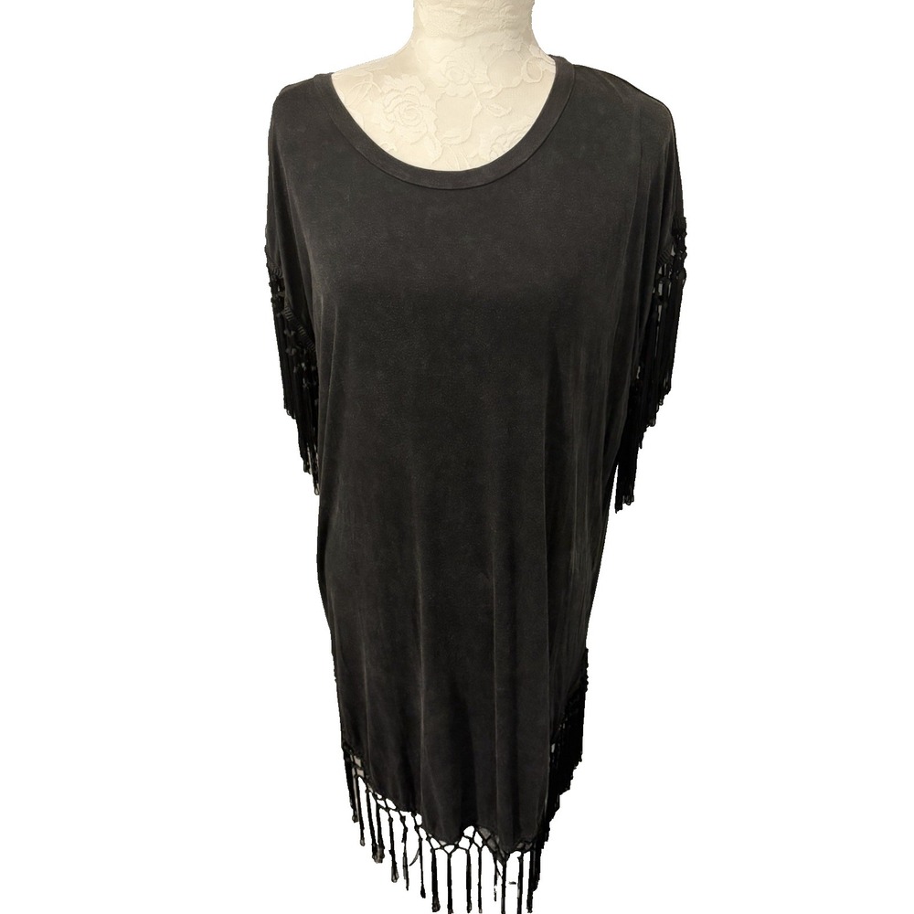 POL Fringed Dress~ Swim Coverup~M~‎ Charcoal Gray Stonewash Knit Boho Cowgirl